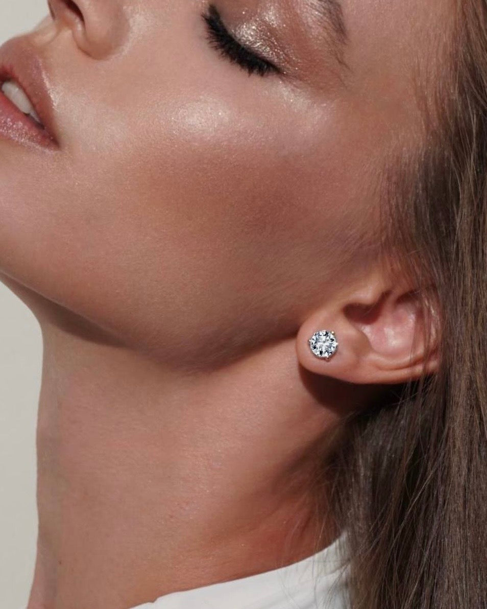 CLASSICA 6 Carat Round Flawless Three-Prong Martini Stud Earrings White Gold Vermeil with Moissanites