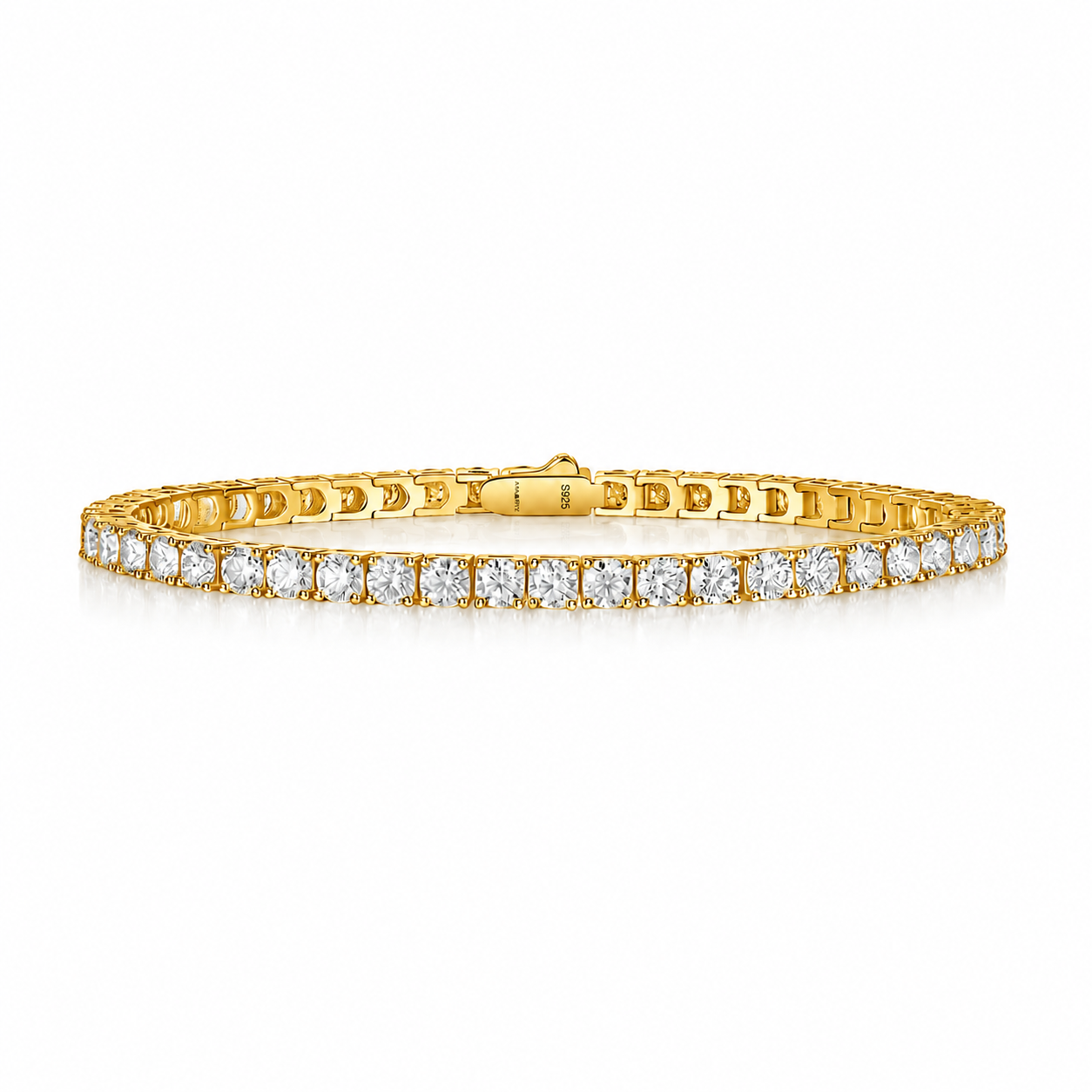 Classic 5 CT Round Moissanite Tennis Bracelet 3 mm, 4-Prong, 18K Yellow Gold Vermeil