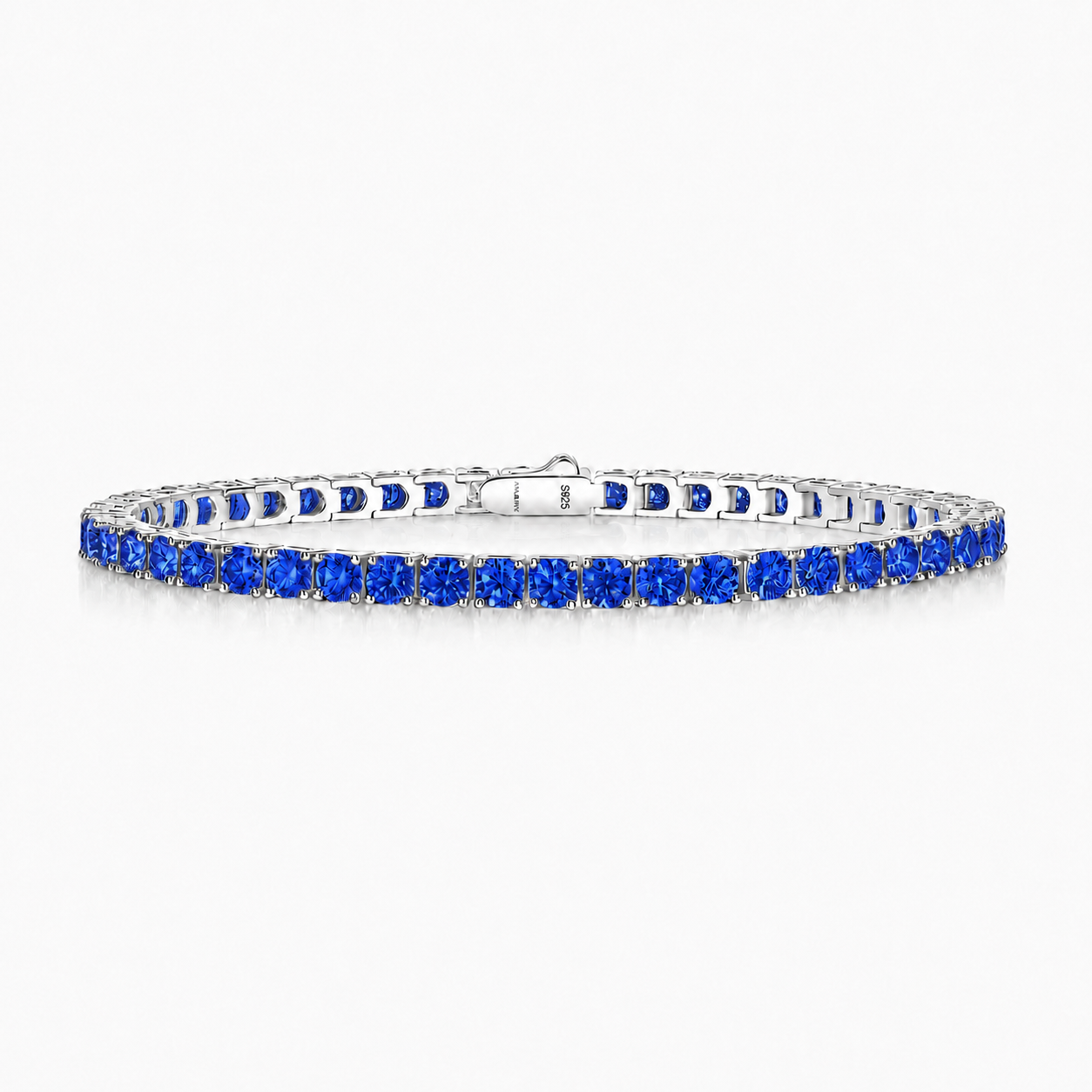 Royal Blue Classic 5 CT Round Moissanite Tennis Bracelet 3 mm, 4-Prong, White Gold Vermeil