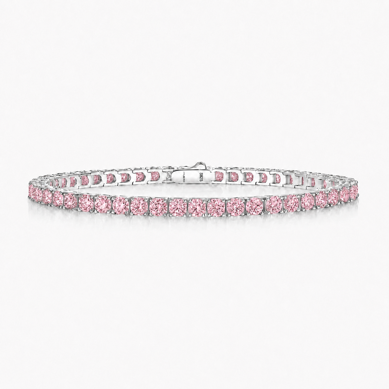 Sakura Pink Classic 5 CT Round Moissanite Tennis Bracelet 3 mm, 4-Prong, White Gold Vermeil