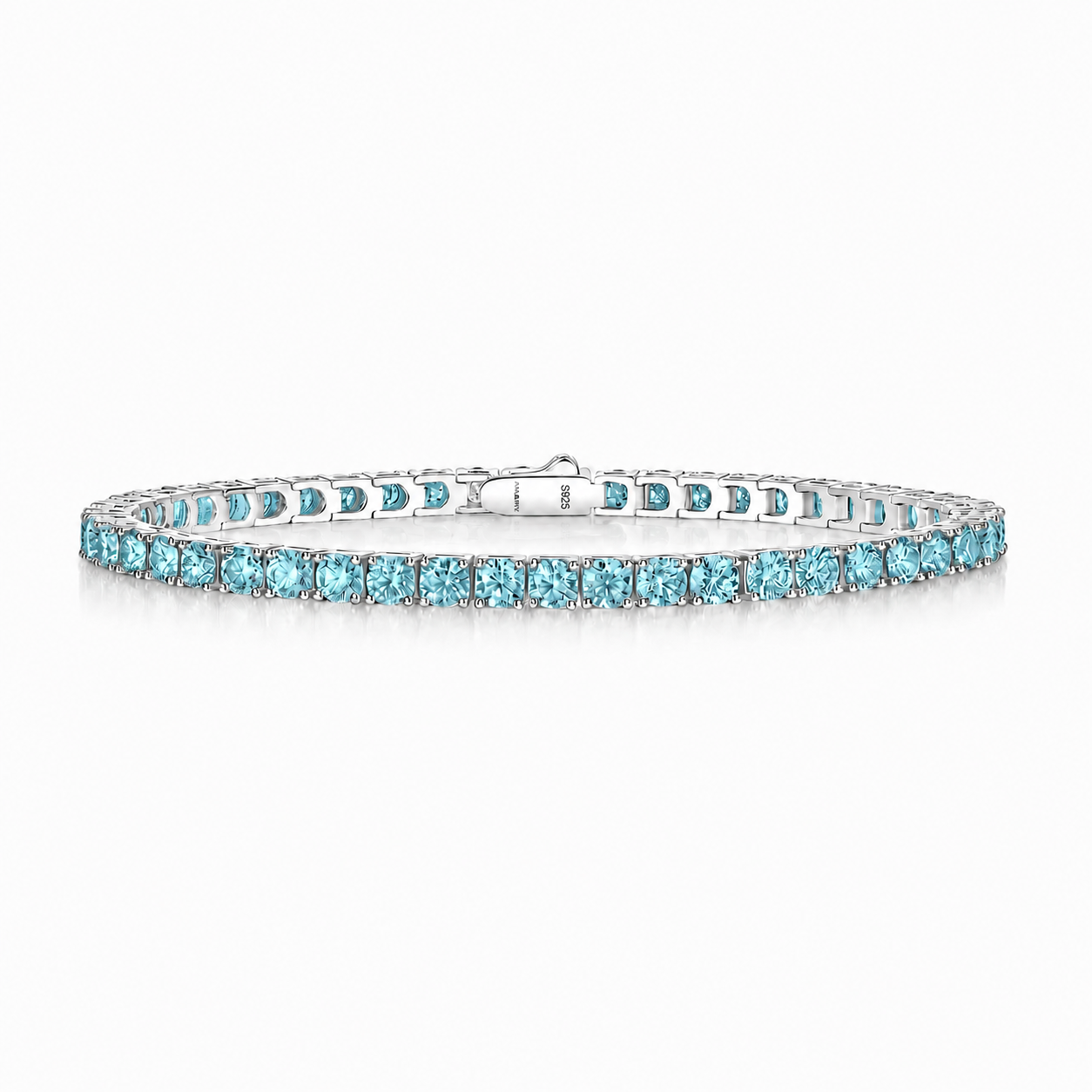 Sea Blue Classic 5 CT Round Moissanite Tennis Bracelet 3 mm, 4-Prong, White Gold Vermeil